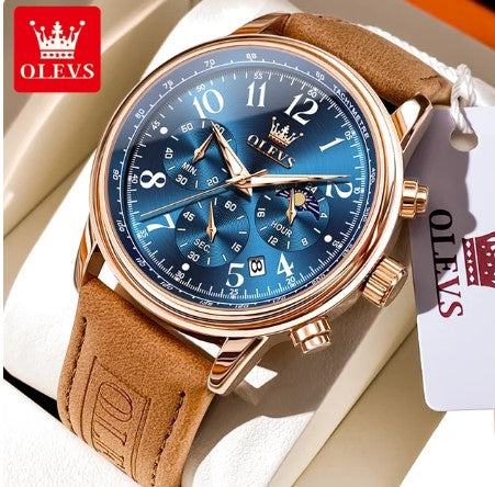 Montre de luxe étanche avec bracelet en cuir pour homme